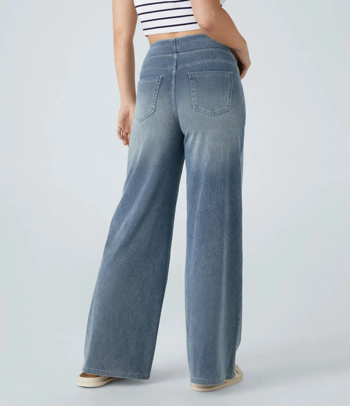 Habara Flex™ Lässige Jeans aus verwaschenem Stretch-Strick mit hohem Bund, mehreren Taschen und weitem Bein MOKKAKAI