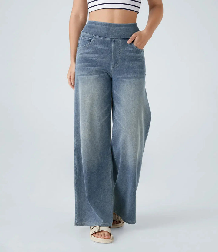 Habara Flex™ Lässige Jeans aus verwaschenem Stretch-Strick mit hohem Bund, mehreren Taschen und weitem Bein MOKKAKAI