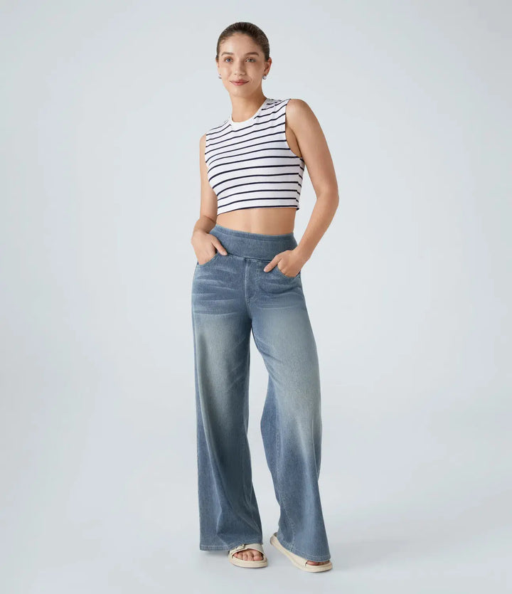 Habara Flex™ Lässige Jeans aus verwaschenem Stretch-Strick mit hohem Bund, mehreren Taschen und weitem Bein MOKKAKAI