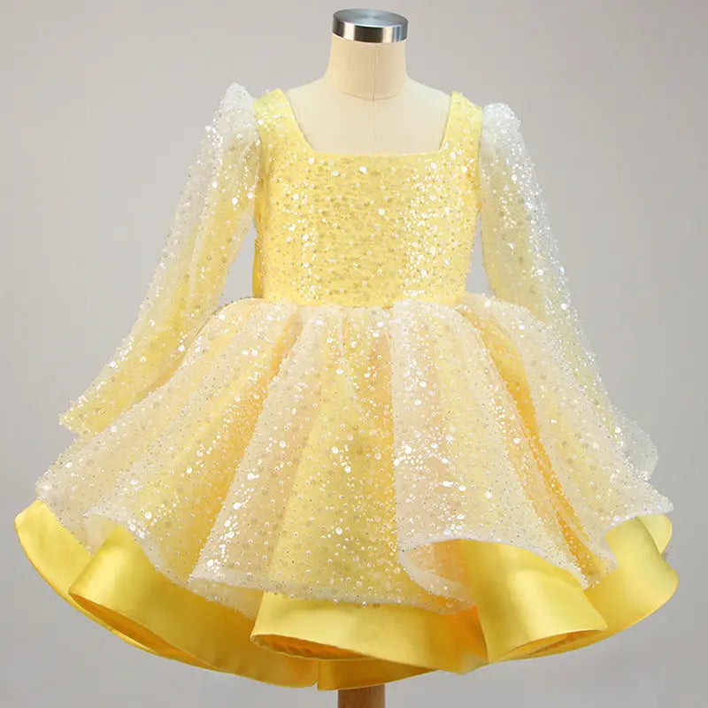 Lola - Prinzessinnenkleider für Mädchen, Schleife, Netzstoff, langärmlig, mit Pailletten besetztes Taufkleid MOKKAKAI