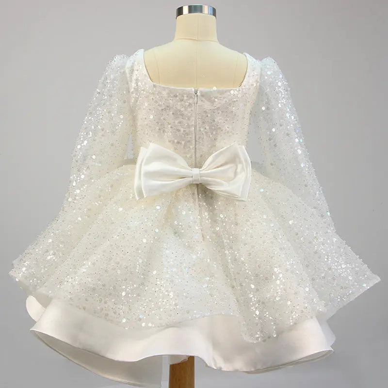 Lola - Prinzessinnenkleider für Mädchen, Schleife, Netzstoff, langärmlig, mit Pailletten besetztes Taufkleid MOKKAKAI