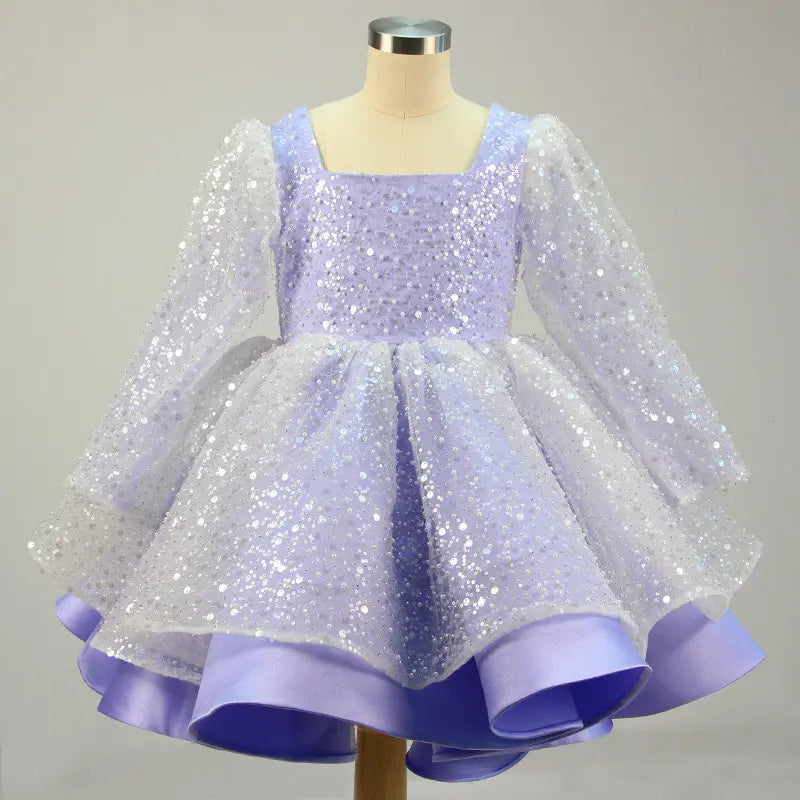 Lola - Prinzessinnenkleider für Mädchen, Schleife, Netzstoff, langärmlig, mit Pailletten besetztes Taufkleid MOKKAKAI