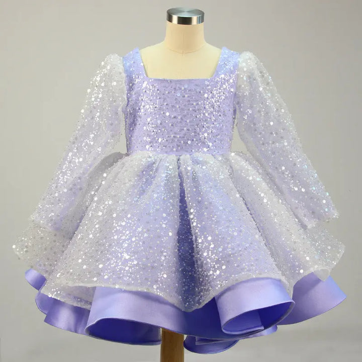 Lola - Prinzessinnenkleider für Mädchen, Schleife, Netzstoff, langärmlig, mit Pailletten besetztes Taufkleid MOKKAKAI