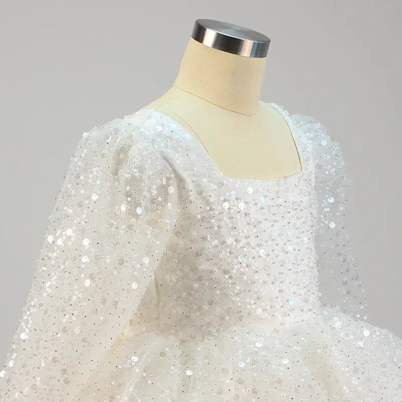 Lola - Prinzessinnenkleider für Mädchen, Schleife, Netzstoff, langärmlig, mit Pailletten besetztes Taufkleid MOKKAKAI