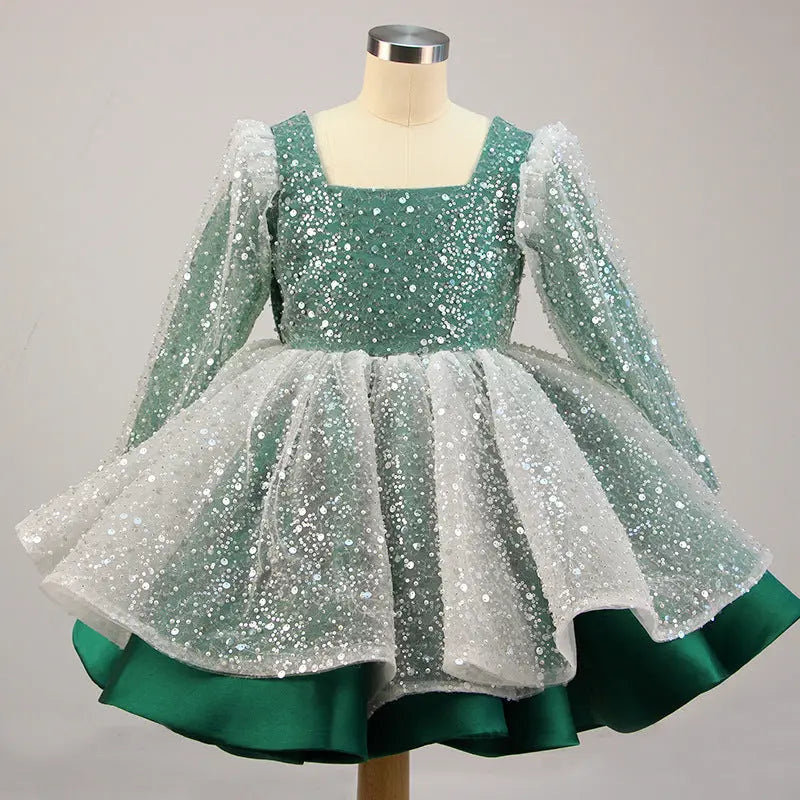 Lola - Prinzessinnenkleider für Mädchen, Schleife, Netzstoff, langärmlig, mit Pailletten besetztes Taufkleid MOKKAKAI