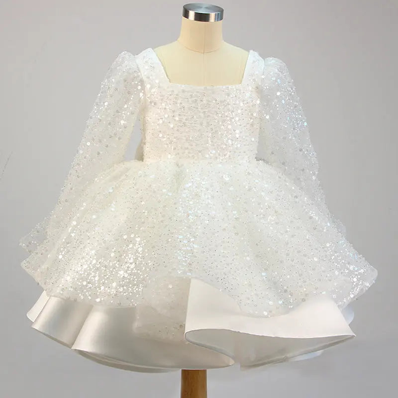 Lola - Prinzessinnenkleider für Mädchen, Schleife, Netzstoff, langärmlig, mit Pailletten besetztes Taufkleid MOKKAKAI