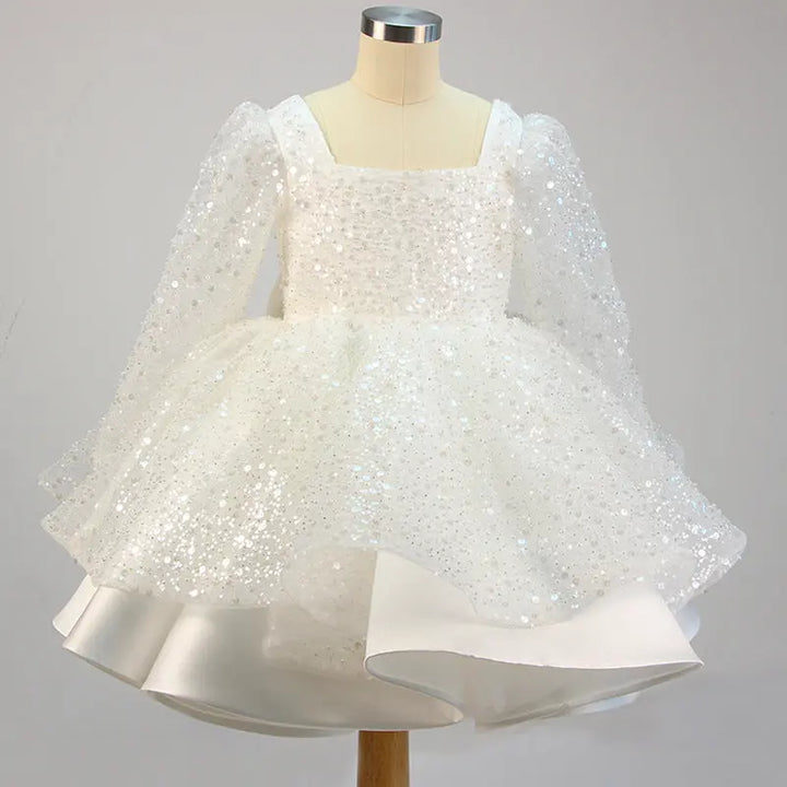 Lola - Prinzessinnenkleider für Mädchen, Schleife, Netzstoff, langärmlig, mit Pailletten besetztes Taufkleid MOKKAKAI