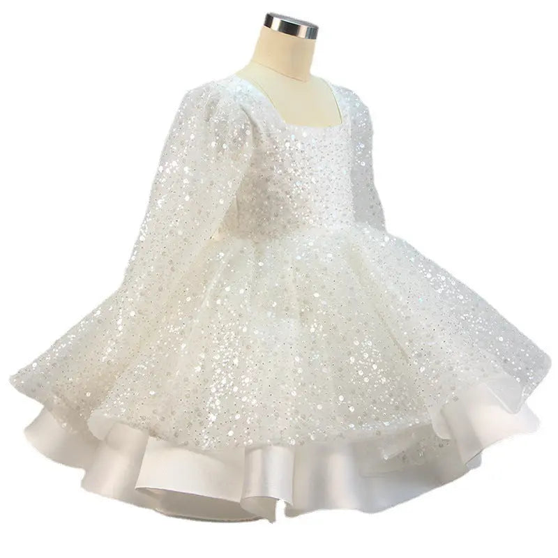 Lola - Prinzessinnenkleider für Mädchen, Schleife, Netzstoff, langärmlig, mit Pailletten besetztes Taufkleid MOKKAKAI