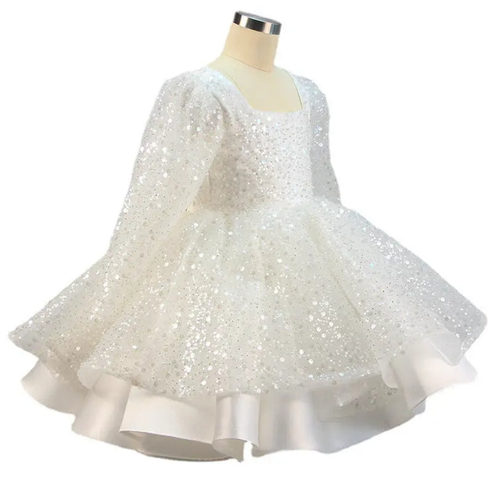Lola - Prinzessinnenkleider für Mädchen, Schleife, Netzstoff, langärmlig, mit Pailletten besetztes Taufkleid MOKKAKAI