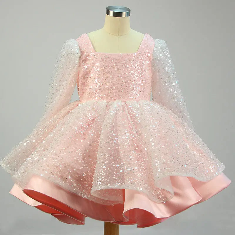 Lola - Prinzessinnenkleider für Mädchen, Schleife, Netzstoff, langärmlig, mit Pailletten besetztes Taufkleid MOKKAKAI