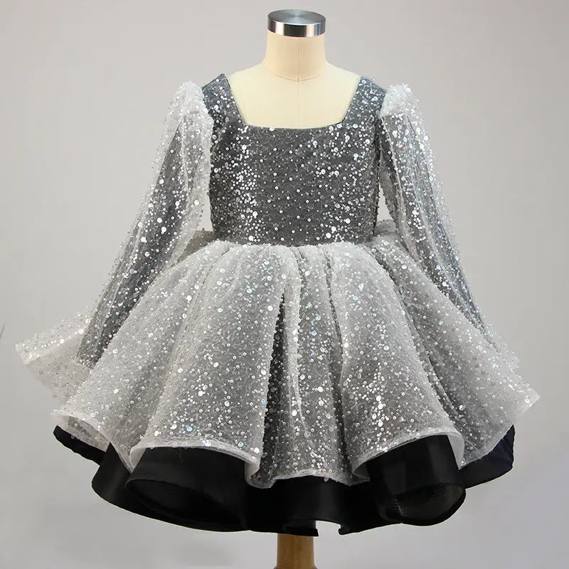Lola - Prinzessinnenkleider für Mädchen, Schleife, Netzstoff, langärmlig, mit Pailletten besetztes Taufkleid MOKKAKAI
