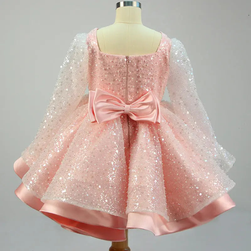 Lola - Prinzessinnenkleider für Mädchen, Schleife, Netzstoff, langärmlig, mit Pailletten besetztes Taufkleid MOKKAKAI