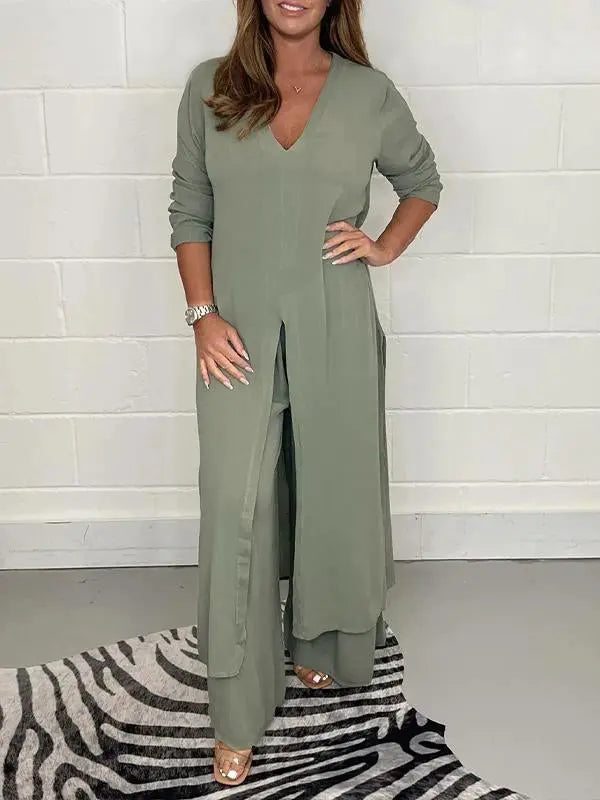 Carla™ | V-Ausschnitt Schlitz Lässiges Zweiteiliges Set MOKKAKAI